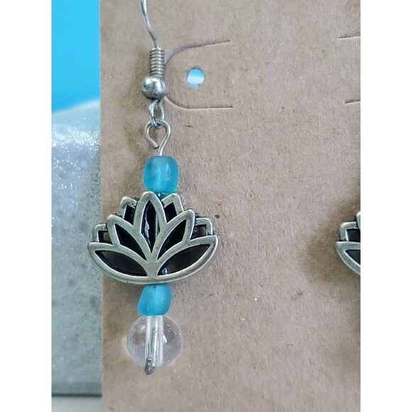 Lotus Flower Earrings Dangle Drop Boho Beaded Sliver Tone - Picture 3 of 5
